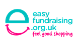 A green and pink logo with an 'e' character made from a semi-circle and a hand drawn pink semi circle below it. Text says: 'easy fundraisingorg.uk feel good shopping'.