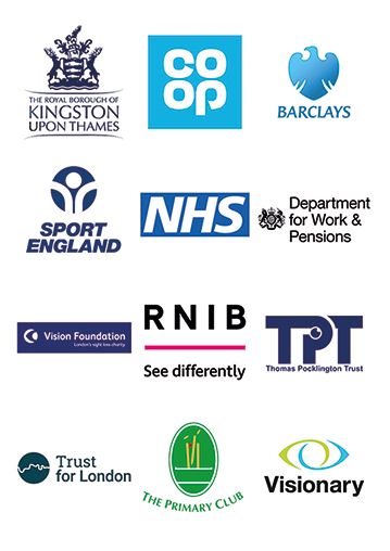 Image shows a number of logos that represent funders of KAB: RBK, Co-Op, Barclays, Sport England, NHS, DWP, Vision Foundation, RNIB, TPT, Trust for London, The Primary Club, Visionary.