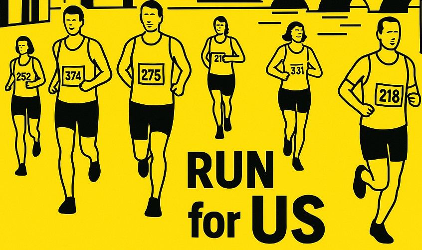 Outline of 6 runners, on a yellow background, with words Run for US